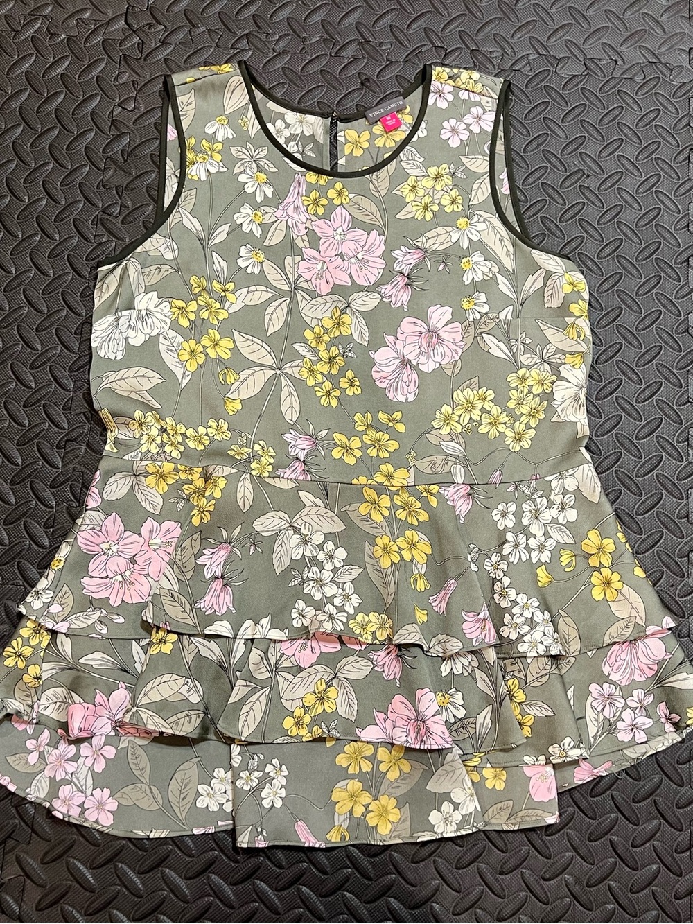 Women’s Floral Tiered Blouse- Olive Green with Pink & Yellow Blooms